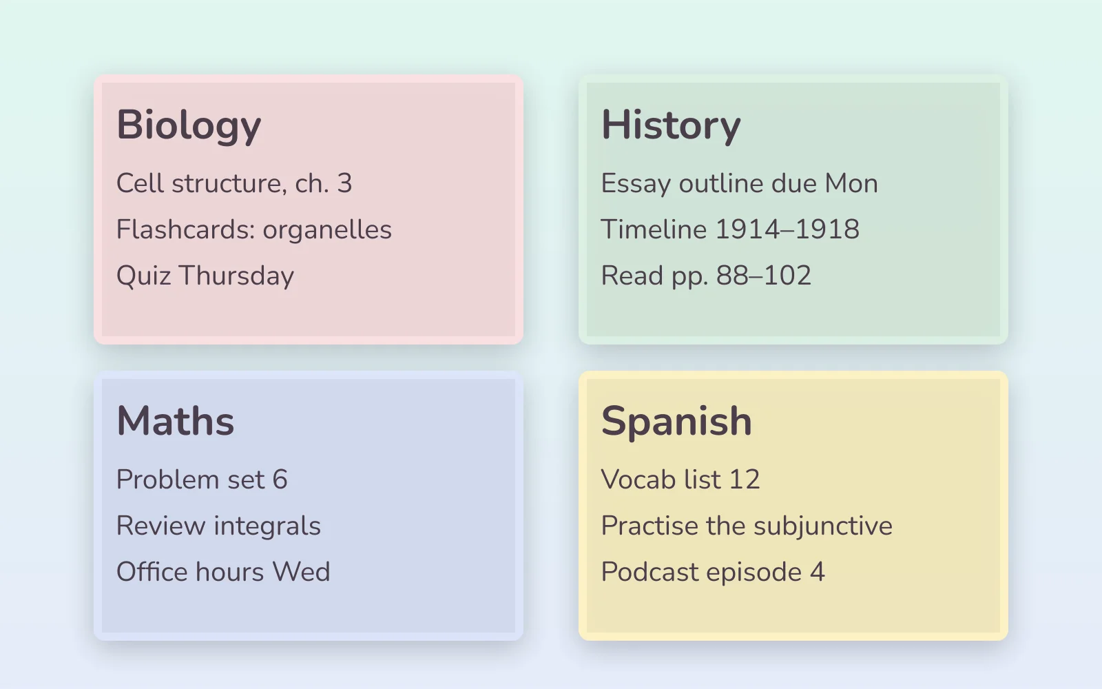 Four pastel BetterStickies notes in Nunito, one per subject: Biology in pink, History in mint, Maths in periwinkle, Spanish in butter yellow
