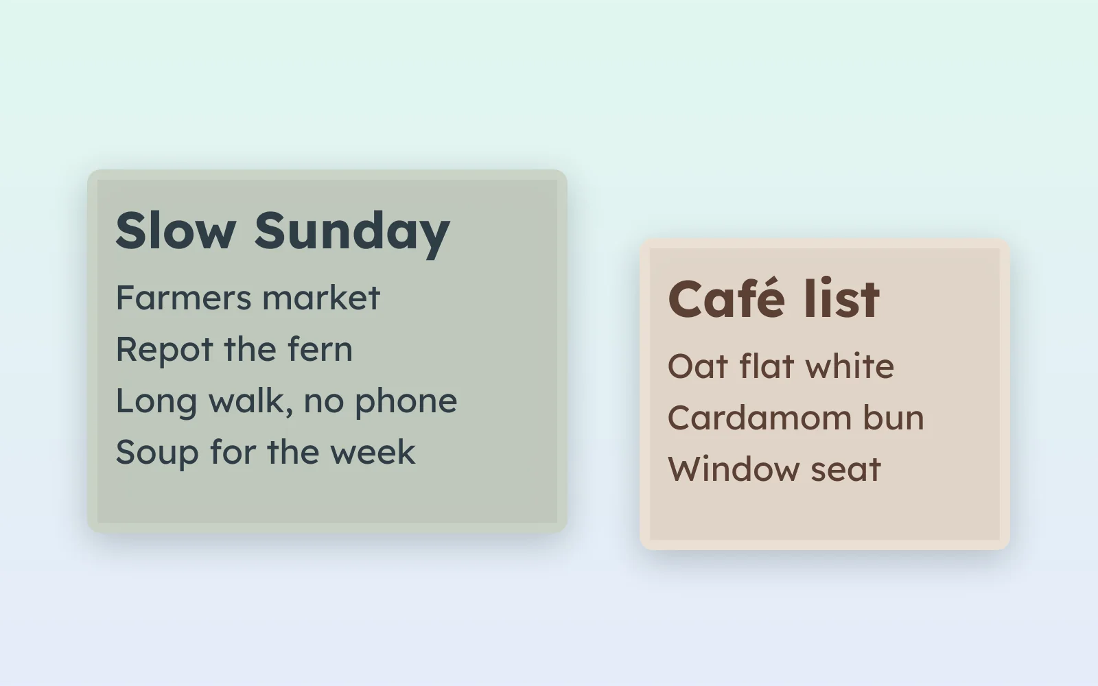 A sage green note and a latte beige note in Lexend: a slow Sunday list and a café list