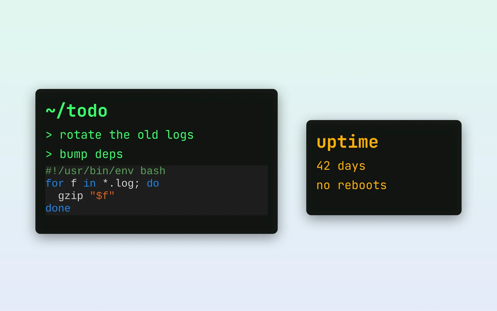 A black note with green JetBrains Mono text and a pasted bash code block, beside an amber-on-black uptime note