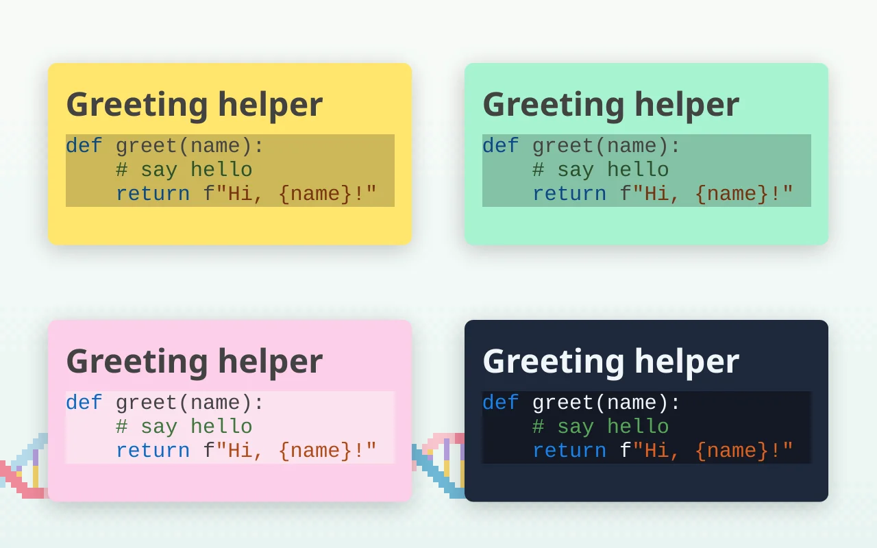 The same Python snippet on a yellow, a mint, a pink and a dark slate note, each code block in a shade of its note's color