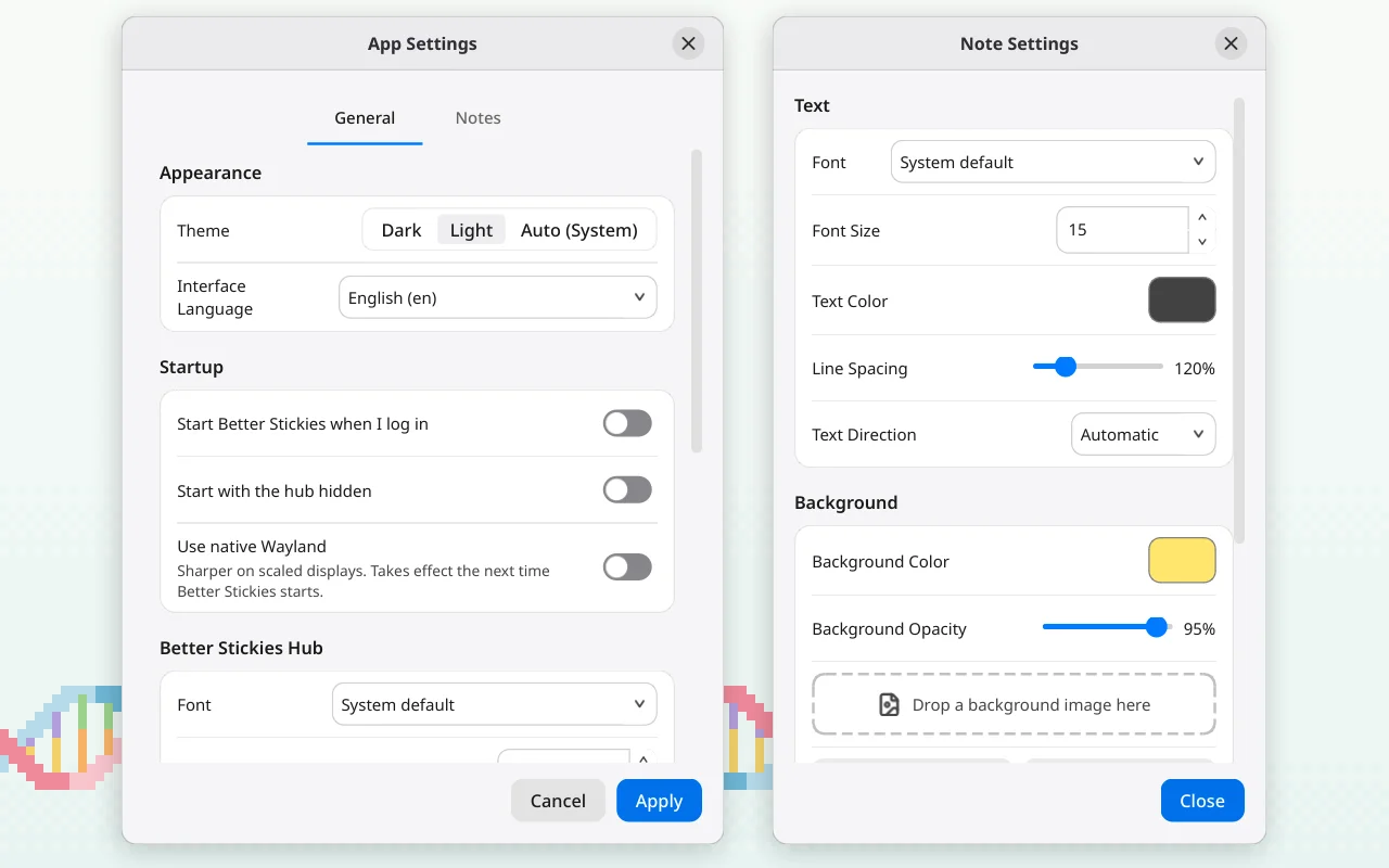 App Settings and a note's Settings side by side, their options grouped on cards with switches for on/off options
