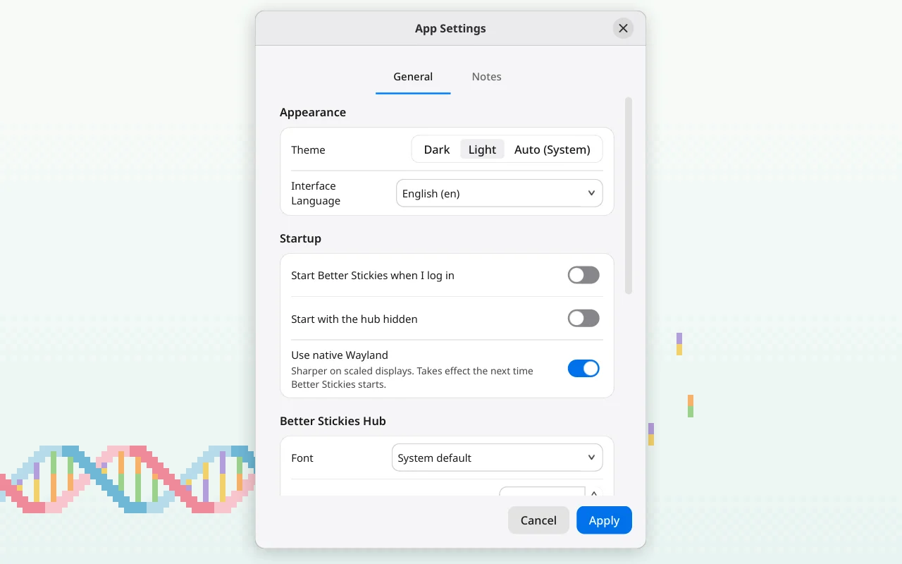 App Settings on the General tab, with the Use native Wayland switch turned on in the Startup card and its caption: Sharper on scaled displays, takes effect the next time Better Stickies starts