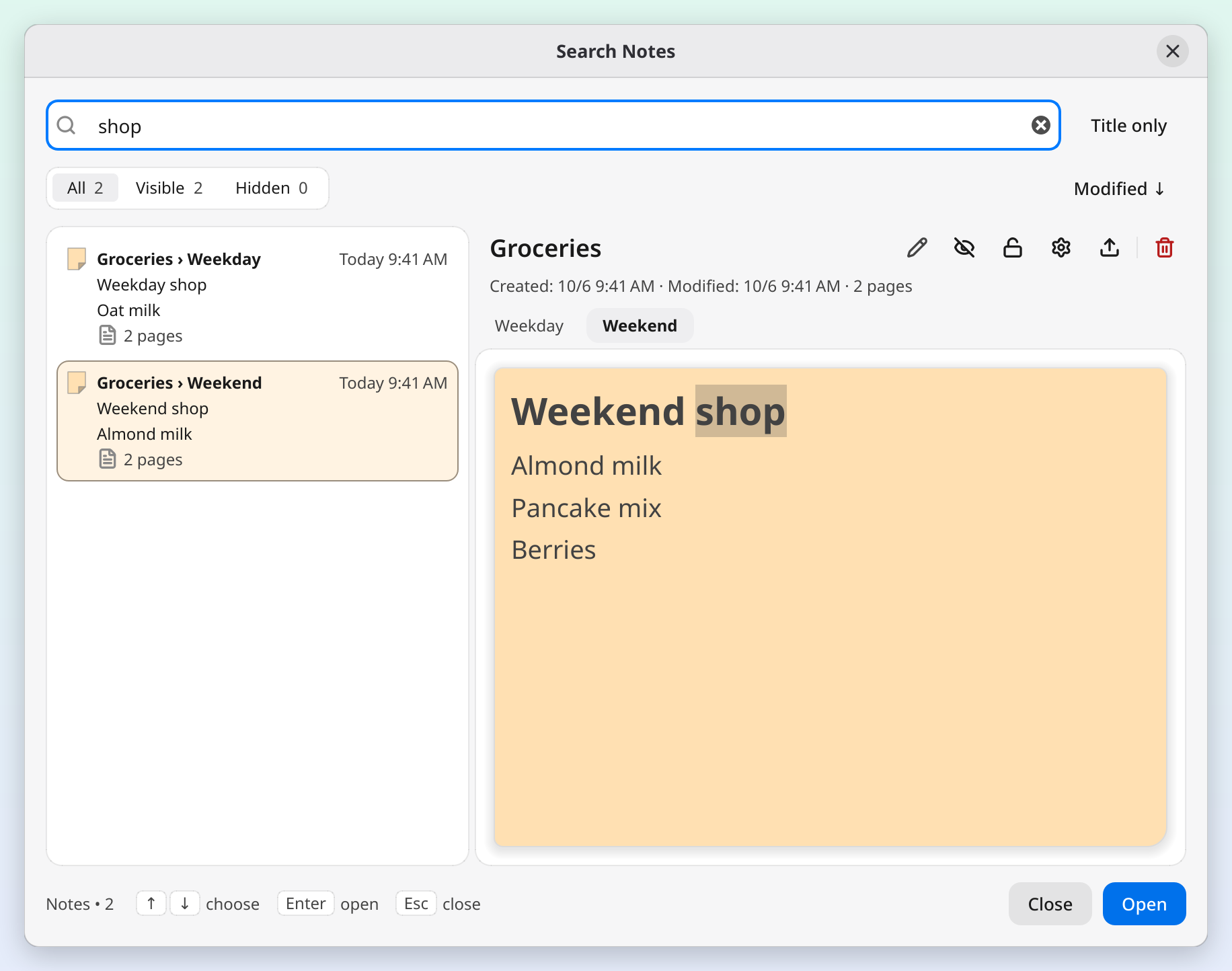 Searching for “shop” lists two cards from the Groceries note, Groceries › Weekday and Groceries › Weekend; the Weekend card is selected and the preview shows that tab with the match highlighted